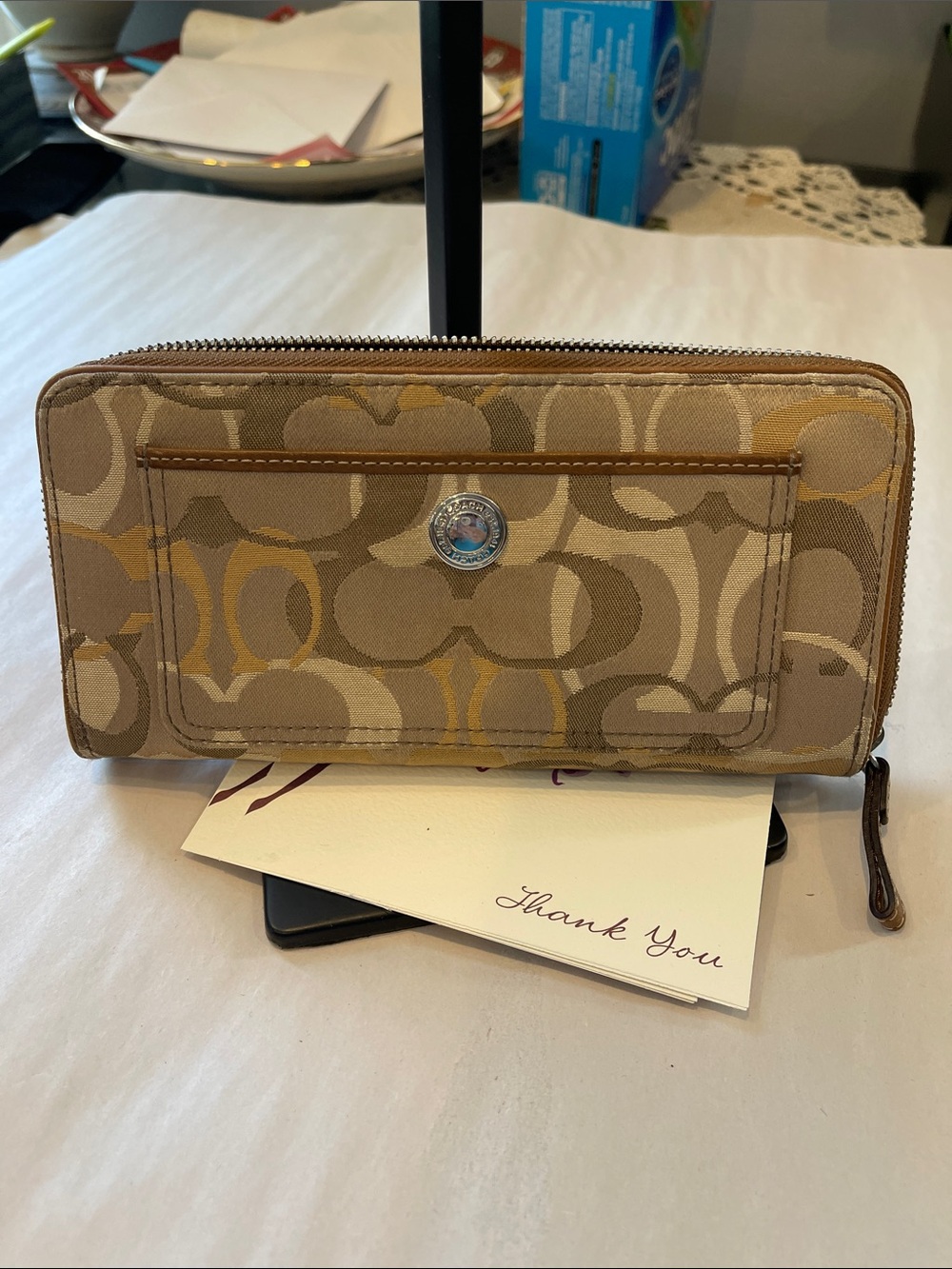 Coach Beige & Tan Signature Zip Wallet